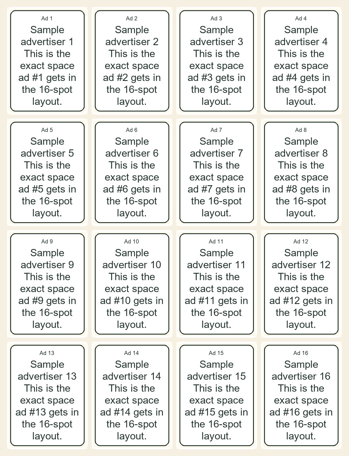 Sixteen sponsored ad placement layout